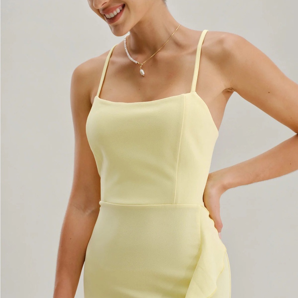Yellow Ruffle Backless Slit Slip Maxi Dress